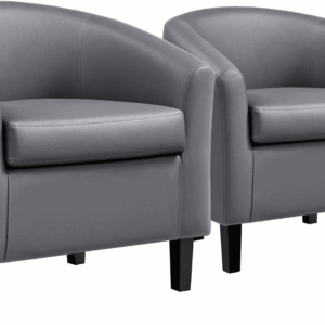Barrel Chairs, Faux Leather Chairs, Modern Leather Club Chairs Comfy Gray Accent Chairs with Sturdy Wood Legs for Living Room/Bedroom/Reading Room/Waiting Room, Gray, Set of 2