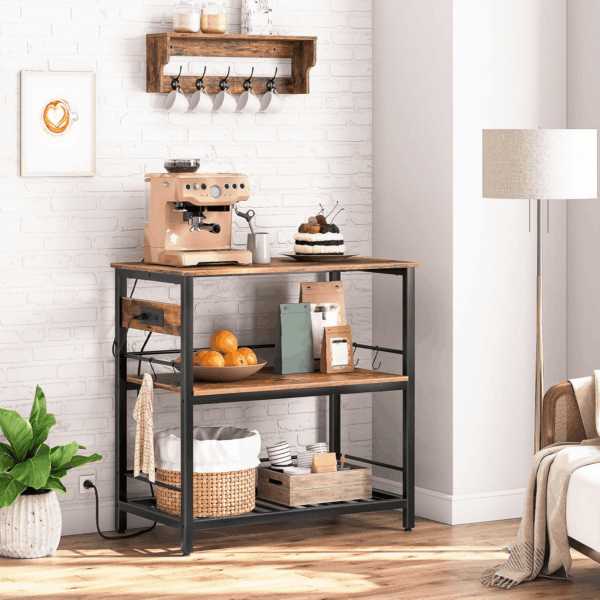 Kitchen Island with Storage, Kitchen Island Table with Power Outlet, 35.4" L 3 Tier Coffee Station and Microwave Stand, for Home, Dining Room, Rustic Brown and Black BF021ZD01 - Image 7