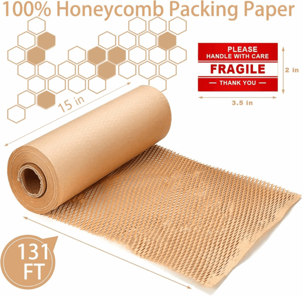 Honeycomb Packing Paper Wrap 15"X131' Sustainable Alternative to Bubble Wrap for Moving/Shipping/Packing Roll with 20 Fragile Sticker Biodegradable & Fully Recylable… - Image 4