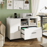 File Cabinet with Charging Station, 1-Drawer Lateral File Cabinets with Lock for Home Office, Wooden Rolling Printer Stand with Shelves, White - Image 2