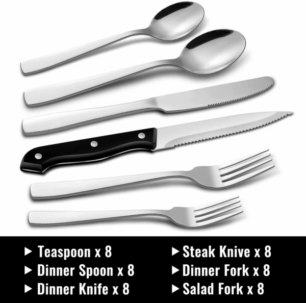 48-Piece Silverware Set with Steak Knives for 8, 18/8 Stainless Steel Flatware Cutlery Set for Home Kitchen Restaurant Hotel, Kitchen Utensils Set, Mirror Polished, Dishwasher Safe - Image 2