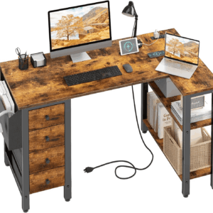 L Shaped Computer Desk with Drawers & Storage Shelves, 47 Inch Small Reversible Corner Desk with Power Outlet for Home Office Bedroom, L-Shaped Gaming PC Desks with Fabric Drawer, Rustic Brown