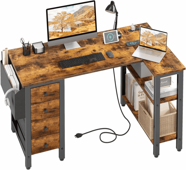 L Shaped Computer Desk with Drawers & Storage Shelves, 47 Inch Small Reversible Corner Desk with Power Outlet for Home Office Bedroom, L-Shaped Gaming PC Desks with Fabric Drawer, Rustic Brown