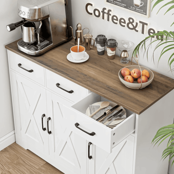 Modern Farmhouse Sideboard Buffet Cabinet, Barn Doors Buffet Storage Cabinet with Drawers and Shelves, Wood Coffee Bar with Storage for Kitchen, Dining Room, Living Room, White - Image 7