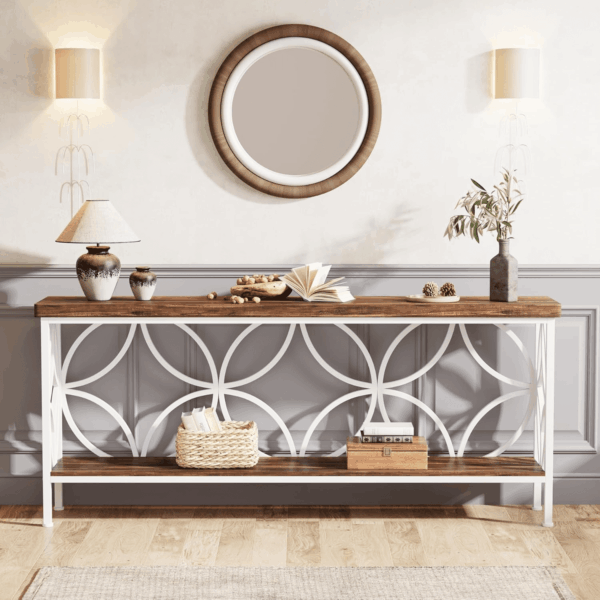 70.9-Inch Narrow Sofa Table, Industrial Long Sofa Table behind Couch, Entry Console Table with Storage for Entryway, Living Room, Foyer, Unique Design, Walnut/White - Image 4