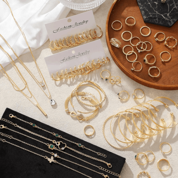 36 PC Gold Plated Jewelry Set with 4 Necklace, 11 Bracelet, 7 Ear Cuffs Earring, 14 Knuckle Rings for Women Girls Valentine Anniversary Birthday Friendship Gift - Image 6