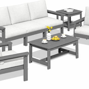 HDPE Outdoor Patio Furniture Set, 7-Piece Outdoor Sectional Patio Conversation Set, All Weather Outdoor Couch Set Patio Sofa Set for Deck, Lawn, Grey Frame with Khaki Cushion