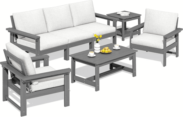 HDPE Outdoor Patio Furniture Set, 7-Piece Outdoor Sectional Patio Conversation Set, All Weather Outdoor Couch Set Patio Sofa Set for Deck, Lawn, Grey Frame with Khaki Cushion