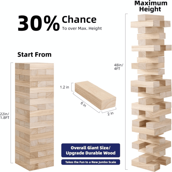 Giant Tumble Tower Game, Large Tumbling Tower Stack to over 4 FT 54Pcs Wooden Jumbo Blocks for outside Yard Games with Carry Case Timber Stacking Game Night Toy Gift for Kids Adults Family - Image 2