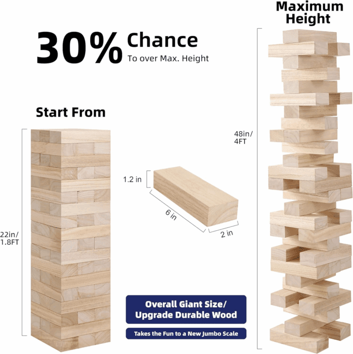 Giant Tumble Tower Game, Large Tumbling Tower Stack to over 4 FT 54Pcs Wooden Jumbo Blocks for outside Yard Games with Carry Case Timber Stacking Game Night Toy Gift for Kids Adults Family - Image 2