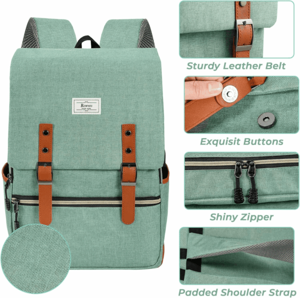 Vintage Laptop Backpack for Women Men,15.6 Inch Bookbag Casual Daypack with USB Charging Port for College Work, Green Backpacks - Image 4