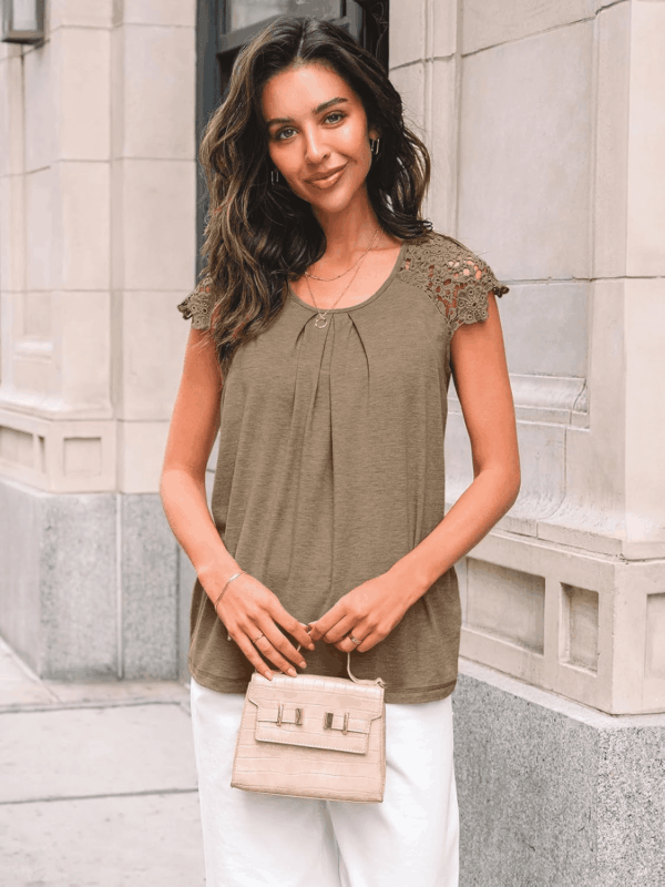 Womens Lace Tops Pleated Short Sleeve Shirts Summer Business Casual Dressy Blouses - Image 2