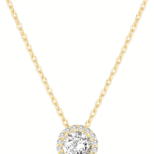 14K Gold Plated Post Faux Diamond round Solitaire Pendant Halo Necklace | Gold Necklace for Women | Slider Adjustable