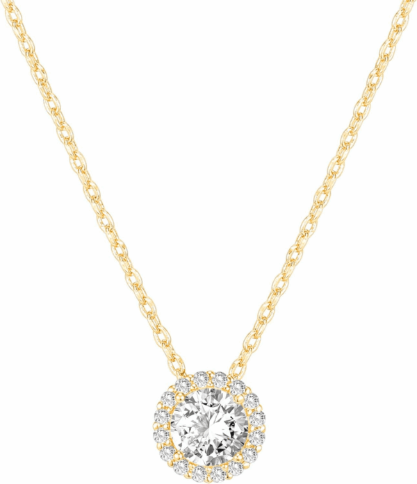 14K Gold Plated Post Faux Diamond round Solitaire Pendant Halo Necklace | Gold Necklace for Women | Slider Adjustable