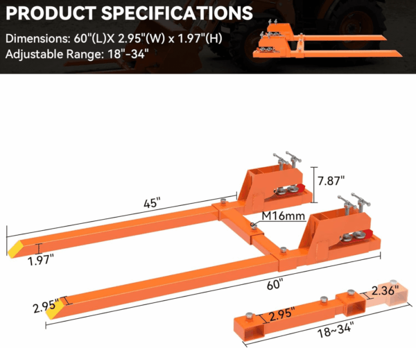 2025 New Upgraded Clamp on Pallet Forks with Twin round Pad Screw, Orange 60" Total Length 4000LBS Tractor Bucket Forks, Non-Slip Design Quick Attach Pallet Forks Attachment for Tractor Bucket - Image 7