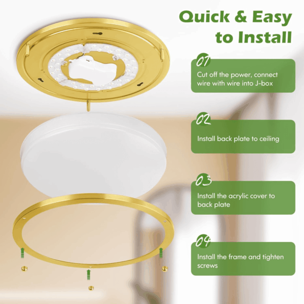 2-Pack Gold Flush Mount LED Ceiling Light Fixture, 12IN 2700K/3000K/3500K/4000K/5000K Adjustable Ceiling Lights, 3600Lm Super Bright Dimmable Lighting for Bedroom Hallway Kitchen - Image 6