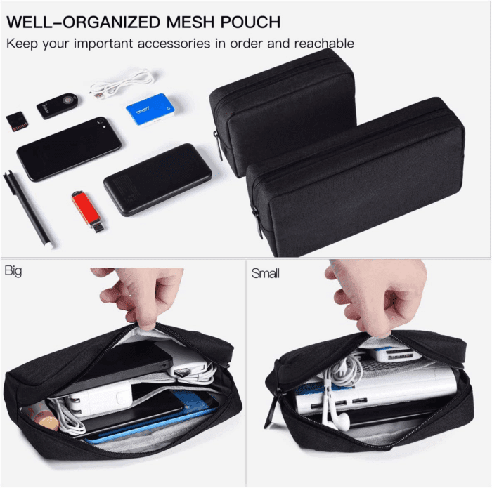 Universal Electronics Accessories Case, 2-Pack Portable Soft Carrying Case Bag Wire Cable Organizer for Hard Drive, Power Adapter, Laptop Mouse, Cosmetics Kit, Small+Big-Black - Image 3
