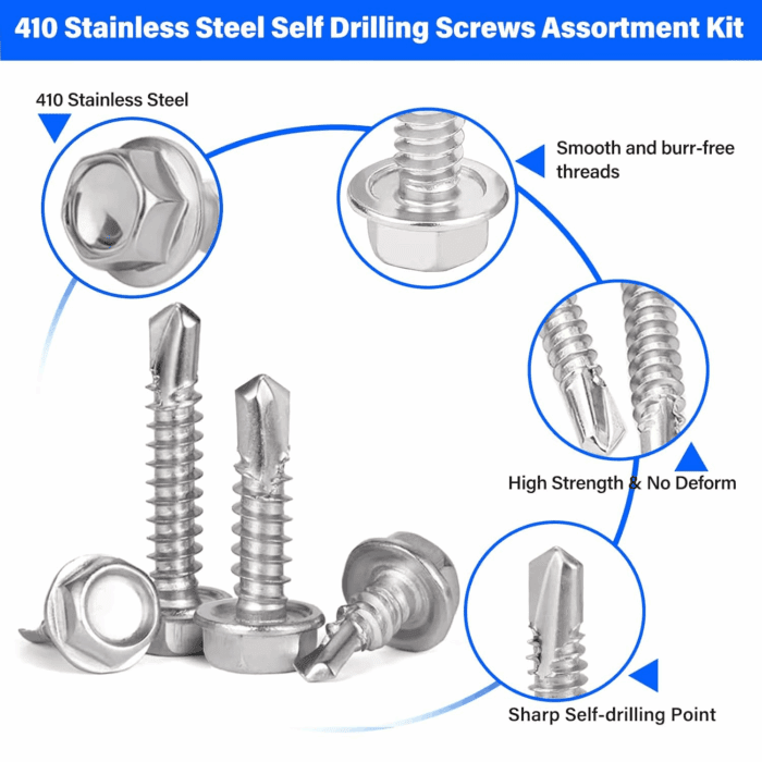 450PCS Self Tapping Screws for Metal, 410 Stainless Steel Self Drilling Screws #8#10 Hex Head Sheet Metal Screws Assortment Kits, Length 1/2"" to 1-1/4'' (Silver) - Image 3