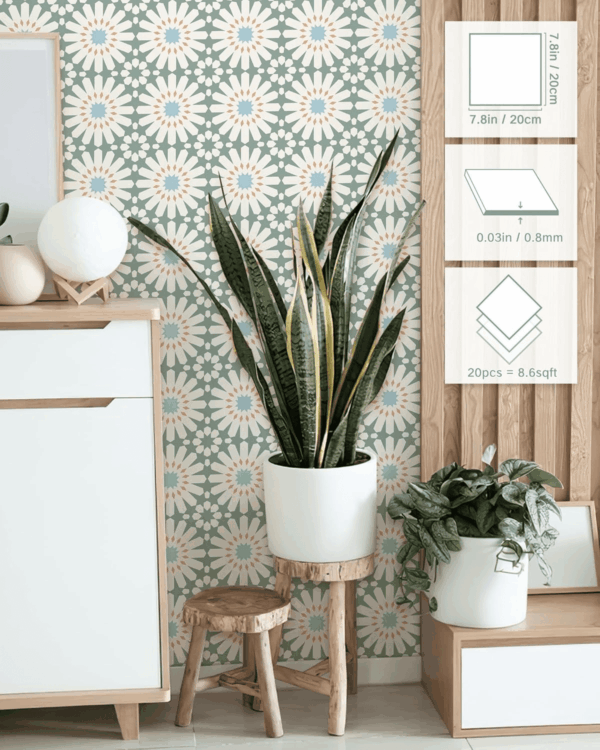 Peel and Stick Floor Tile - 20 PCS, 8" X 8" Vinyl Flooring - Waterproof Self-Adhesive Tile Sticker for Wall Backsplashes, Bathroom, Kitchen - Green and White Floral Look - Image 4