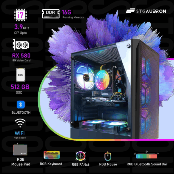 Gaming PC Desktop Computer, Intel Core I7 up to 3.9 Ghz, Radeon RX 580 8G, 16G RAM, 512G SSD, Wifi, Bluetooth 5.0, RGB Fan X6, RGB BT Sound Bar, Windows 10 Home - Image 5