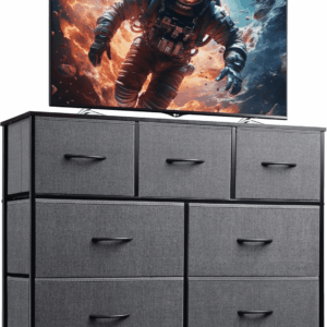 7 Drawer Dresser TV Stand, Entertainment Center, Media Console Table with Metal Frame and Wood Top for TV up to 45 Inch, Chest of Drawers for Bedroom, Living Room, Dark Grey