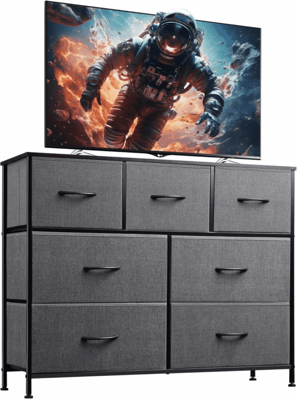 7 Drawer Dresser TV Stand, Entertainment Center, Media Console Table with Metal Frame and Wood Top for TV up to 45 Inch, Chest of Drawers for Bedroom, Living Room, Dark Grey