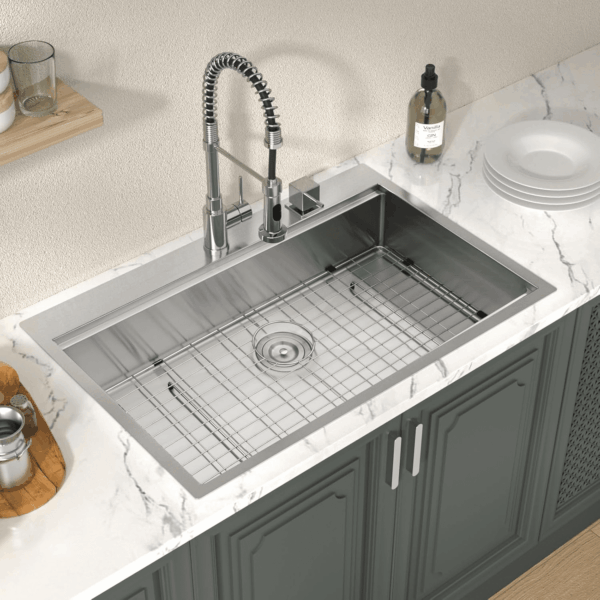 33 Drop in Kitchen Sink Workstation - 33X22 Kitchen Sinks Drop in Stainless Steel 16 Gauge Single Bowl Handmade Topmount Sink with Cutting Board - Image 2