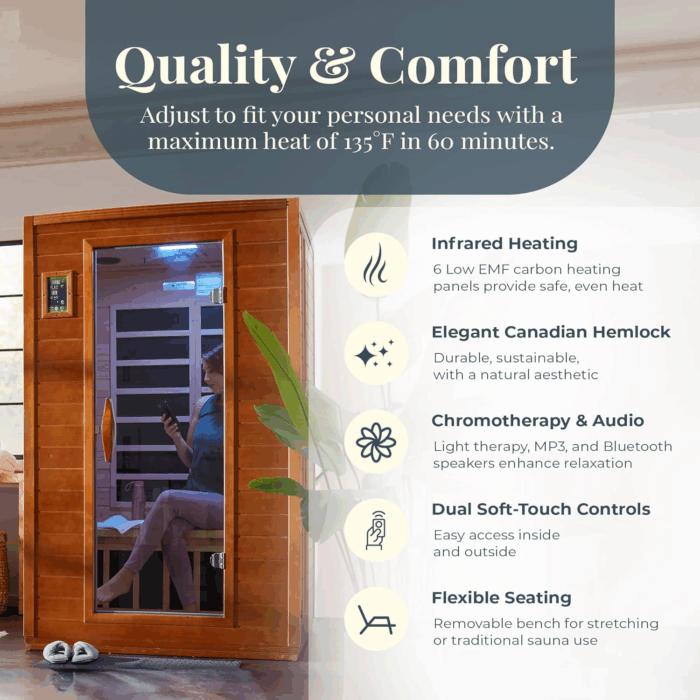 Andora 2-Person Low EMF FAR Infrared Sauna with Red Light & Bluetooth Speakers | Personal Indoor Spa for Home & Gym – Made from Canadian Hemlock - Image 5