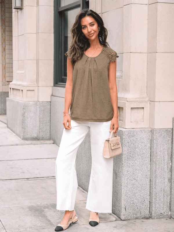 Womens Lace Tops Pleated Short Sleeve Shirts Summer Business Casual Dressy Blouses - Image 5