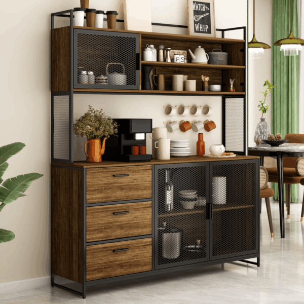 Modern Wood Sideboard Buffet Storage Cabinet with Hutch, 3 Metal Mesh Doors, 3 Drawers & Shelves, Kitchen Pantry Cupboard Console Table for Living Room, Dining Room, Brown