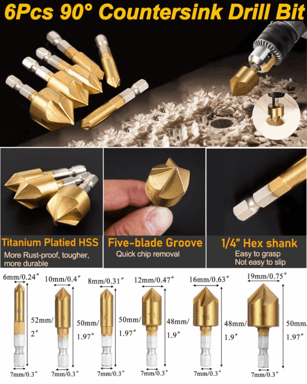32 Pack Woodworking Chamfer Drilling Tools, Including Countersink Drill Bits, L-Wrench, Wood Plug Cutter, Step Bit, Center Punch, Cutting Twist Bits - Image 3
