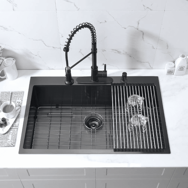 33-Inch Black Stainless Steel Drop-In Kitchen Sink - 33X22 Topmount Single Bowl with Dish Grid & Roll up Rack - 16 Gauge Deep Matte Black - Image 3