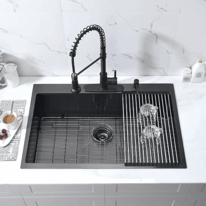 33-Inch Black Stainless Steel Drop-In Kitchen Sink - 33X22 Topmount Single Bowl with Dish Grid & Roll up Rack - 16 Gauge Deep Matte Black - Image 3