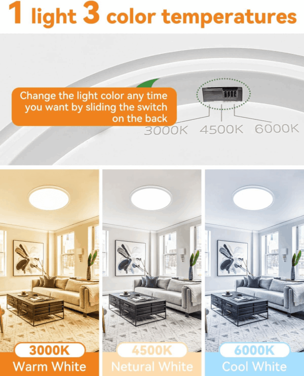 4PACK White Flush Mount LED Ceiling Light, 9Inch 24Watt, 3000K/4500K/6000K, Ultra Slim for Bedroom, Living Room, Kitchen, Hallway, NOT-DIMMABLE - Image 2