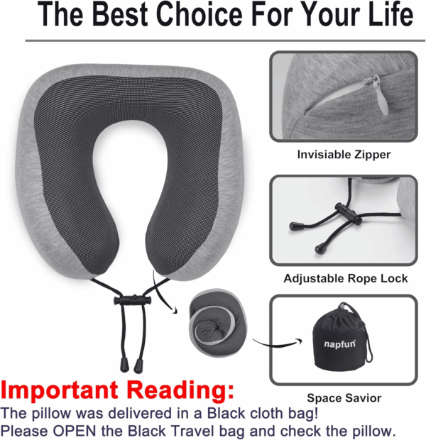 Neck Pillow for Traveling, Upgraded Travel Neck Pillow for Airplane 100% Pure Memory Foam Travel Pillow for Flight Headrest Sleep, Portable Plane Accessories, Light Grey - Image 5