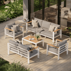 Aluminum Outdoor Patio Furniture Set with Coffee Table, 5 Piece Patio Conversation Sets with Washable Thick Cushions, Patio Sectional Furniture Set for Porch, Balcony, Lawn, White