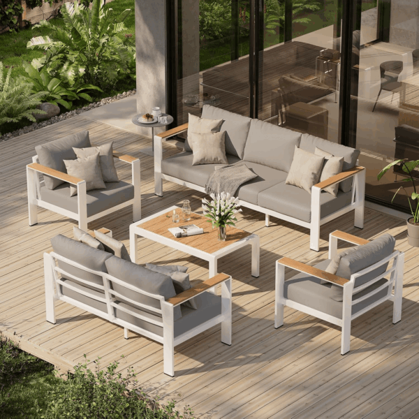 Aluminum Outdoor Patio Furniture Set with Coffee Table, 5 Piece Patio Conversation Sets with Washable Thick Cushions, Patio Sectional Furniture Set for Porch, Balcony, Lawn, White
