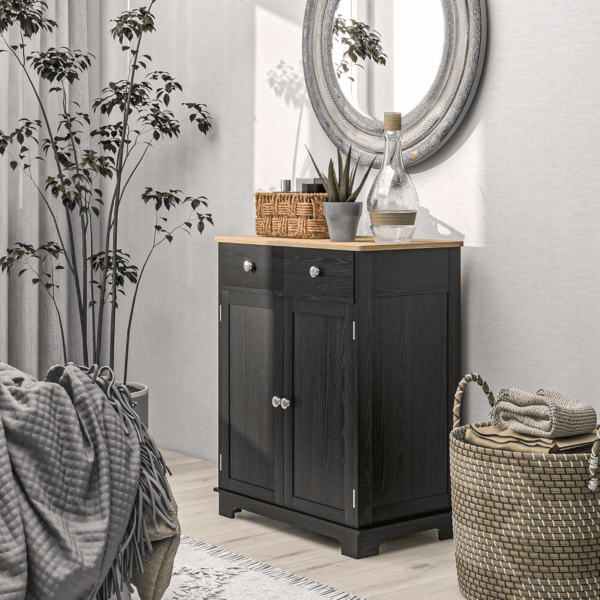 Sideboard with Solid Wood Countertop, Modern Kitchen Storage Cabinet, Coffee Bar Cabinet with 2 Drawers, Doors and Adjustable Shelf, Distressed Black - Image 9