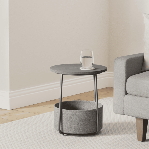 End Table, Small Bedside Table with Fabric Basket, Modern Nightstand, round Side Table, for Living Room, Bedroom, Ebony Black and Slate Gray ULET223B01 - Image 2