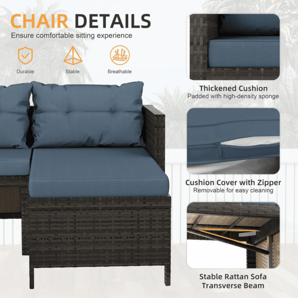 Outdoor Patio Furniture Sets, Wicker Patio Sectional Sets 3-Piece, All Weather Wicker Rattan Patio Seating Sofas with Glass Coffee Table and Cushion (Blue) - Image 4