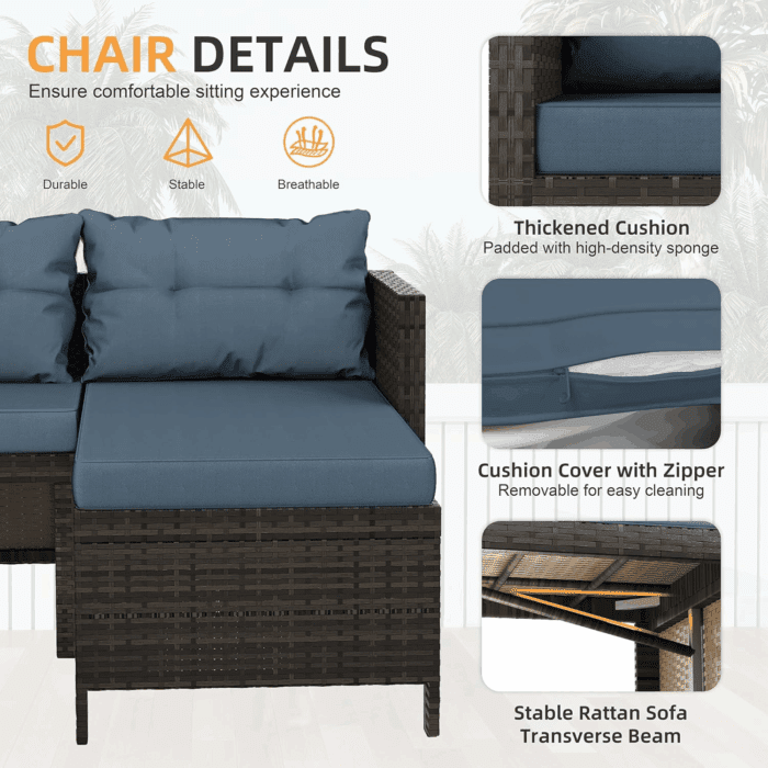 Outdoor Patio Furniture Sets, Wicker Patio Sectional Sets 3-Piece, All Weather Wicker Rattan Patio Seating Sofas with Glass Coffee Table and Cushion (Blue) - Image 4