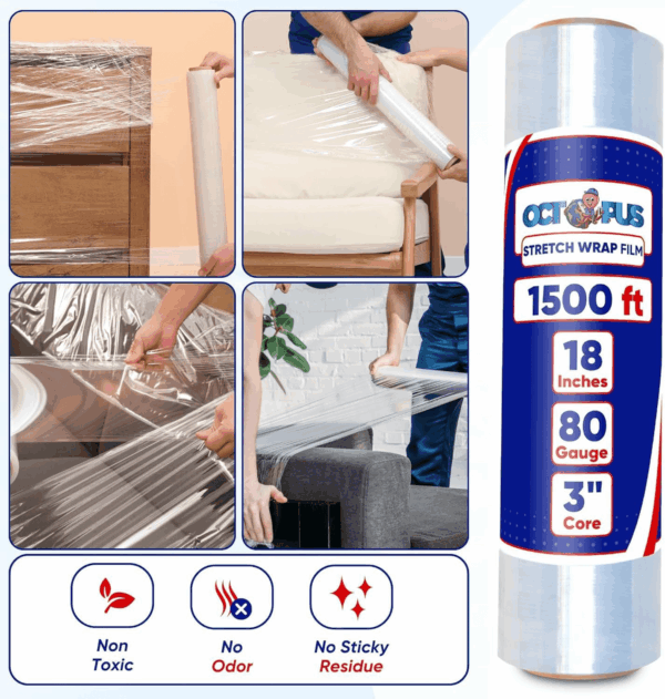 Stretch Wrap, Industrial Strength 4 Roll Clear, 18” X 1500 Feet, 80 Gauge (20 Micron), Heavy Duty Plastic Shrink Film for Packing, Wrapping, Bundling, Shipping, Pallets, and Moving Essentials - Image 3