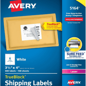 Printable Shipping Labels with Sure Feed, 3-1/3" X 4", White, 600 Blank Mailing Labels for Laser Printers (5164)