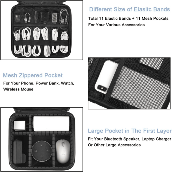 Cable Organizer Bag, Waterproof Travel Electronic Storage with Adjustable Divider, Shockproof Portable Double Layer Tech Bag Carrying Case for Cord, Earbuds, Charger, SD Card, DJ Gifts, Black - Image 3