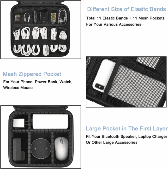 Cable Organizer Bag, Waterproof Travel Electronic Storage with Adjustable Divider, Shockproof Portable Double Layer Tech Bag Carrying Case for Cord, Earbuds, Charger, SD Card, DJ Gifts, Black - Image 3