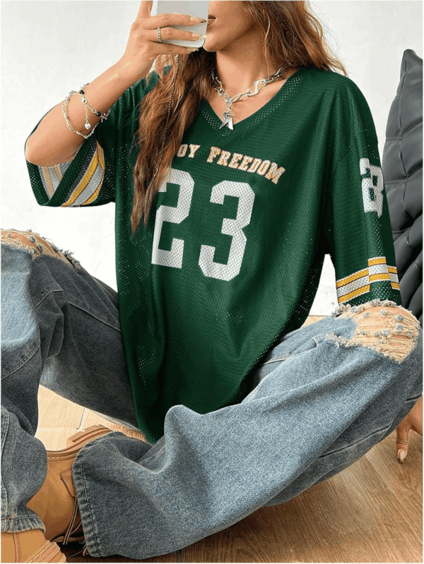 Jersey Shirts for Women Oversized T-Shirt Jersey Top Graphic V Neck T-Shirts for Teen Girls Casual Football Tee Tops Green Letter Medium - Image 3