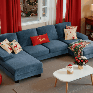Sectional Couches for Living Room, U-Shaped Sofa Couch with Linen Fabric, 4 Seat Sofa Set with Double Chaise for Apartment (Fabric, Blue)