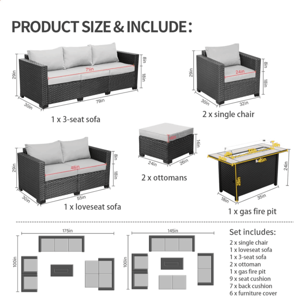 7 PCS Outdoor Furniture Sets 60000BTU 45-Inch Outdoor Propane Fire Pit Table Patio Furniture Set No-Slip Cushions and Waterproof Covers, Light Grey - Image 8