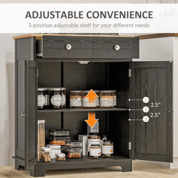 Sideboard with Solid Wood Countertop, Modern Kitchen Storage Cabinet, Coffee Bar Cabinet with 2 Drawers, Doors and Adjustable Shelf, Distressed Black - Image 6