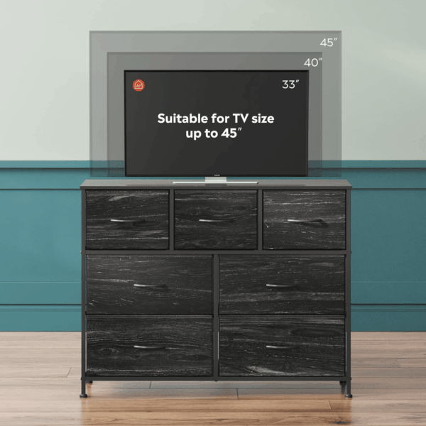 7 Drawer Dresser TV Stand, Entertainment Center, Media Console Table with Metal Frame and Wood Top for TV up to 45 Inch, Chest of Drawers for Bedroom, Charcoal Black Wood Grain Print - Image 6